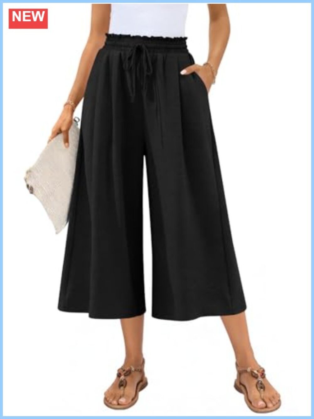 Womens Capri Palazzo Pants Wide Leg Flowy Boho Gaucho High Waisted with Pockets